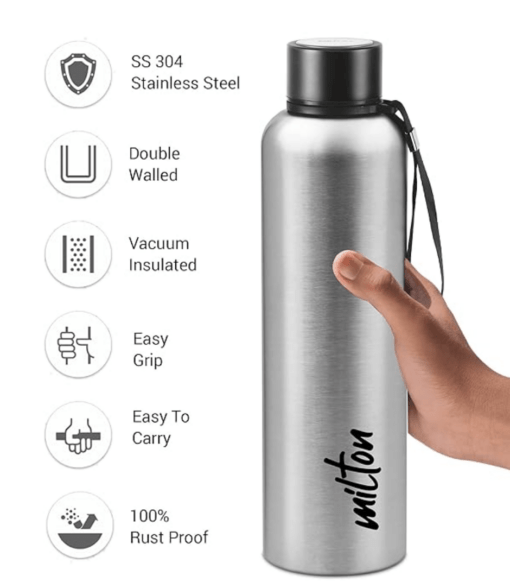 Milton Aura 1000 Thermosteel Bottle, 1.05 Litre, Silver | 24 Hours Hot and Cold | Easy to Carry | Rust & Leak Proof | Tea | Coffee | Office| Gym | Home | Kitchen | Hiking | Trekking | Travel Bottle - Image 3